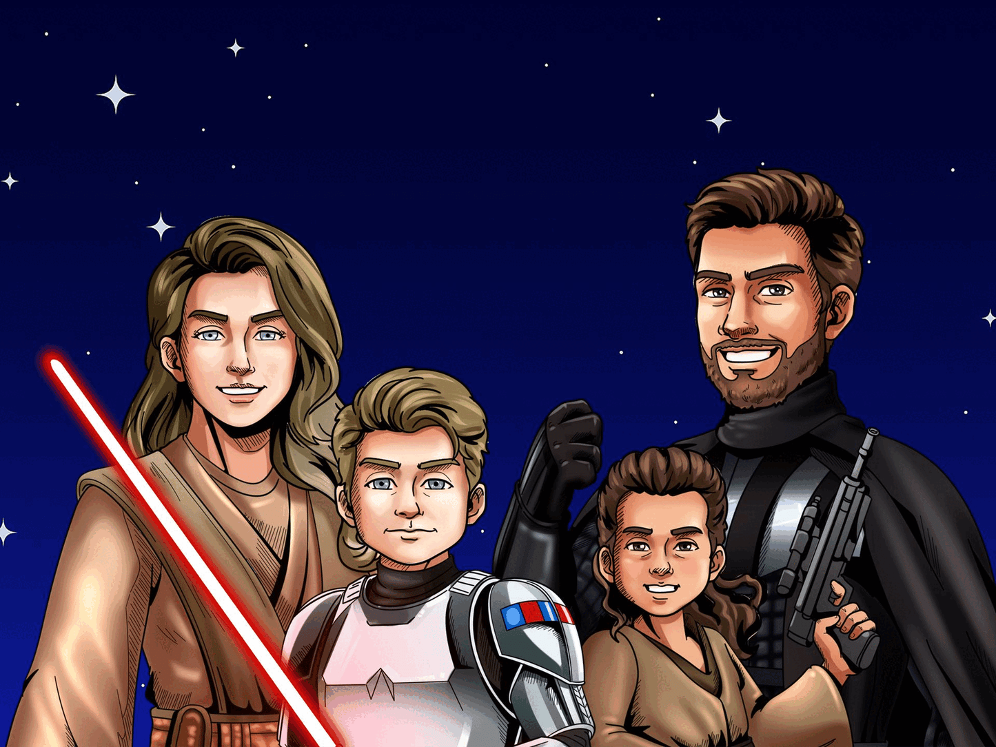 Custom Star Wars-style Jedi portrait — hand-drawn illustration of a person in Jedi robes holding a blue lightsaber against a galaxy background