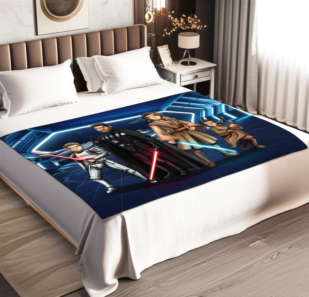 Custom Star Wars-style Jedi portrait printed on a soft sherpa throw blanket — hand-drawn illustration of a person with a green lightsaber against a starfield background
