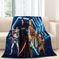 Custom Star Wars-style Jedi portrait printed on a soft sherpa throw blanket — hand-drawn illustration of a person with a green lightsaber against a starfield background