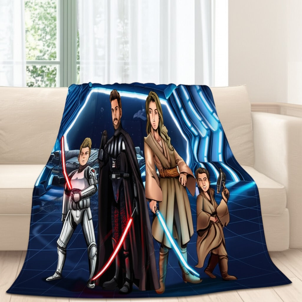 Custom Star Wars-style Jedi portrait printed on a soft sherpa throw blanket — hand-drawn illustration of a person with a green lightsaber against a starfield background