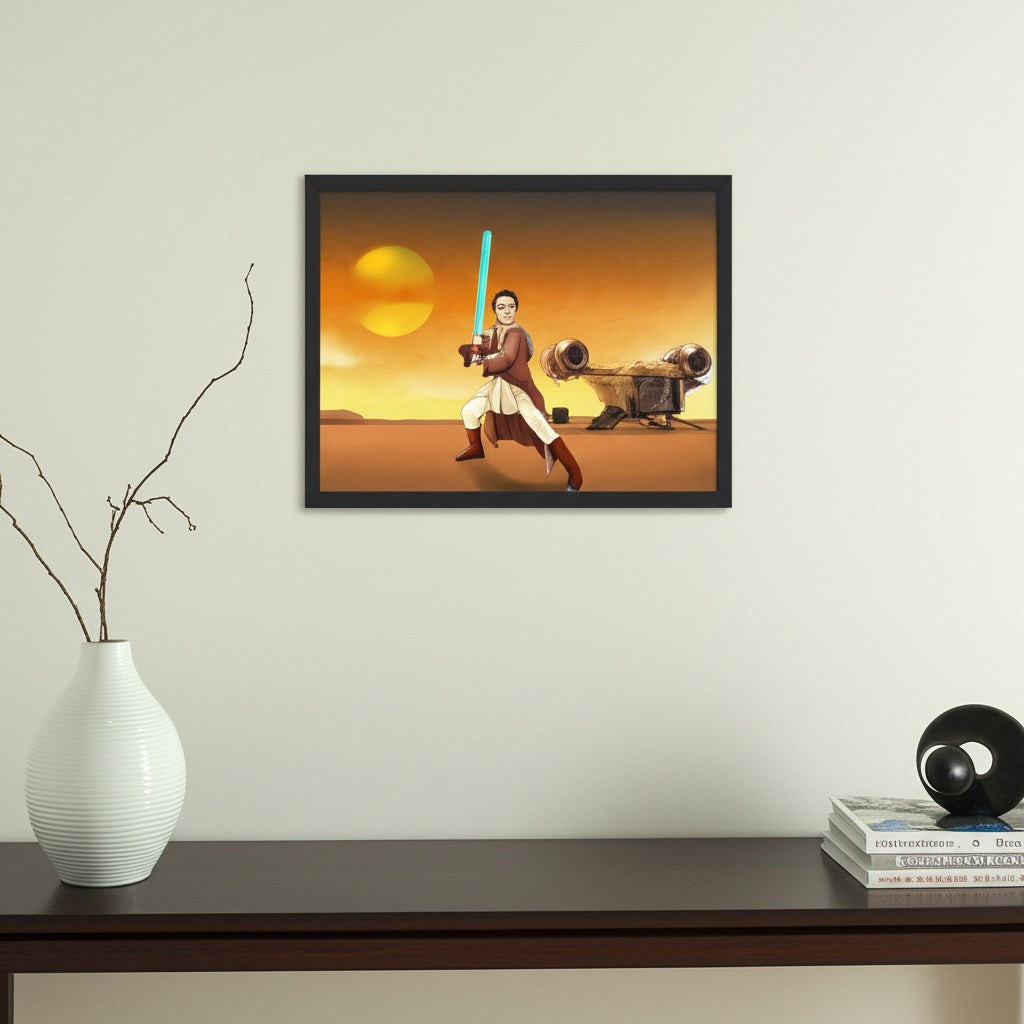 Custom Star Wars-style Jedi portrait in a black frame — hand-drawn illustration of a person holding a green lightsaber with a Death Star background