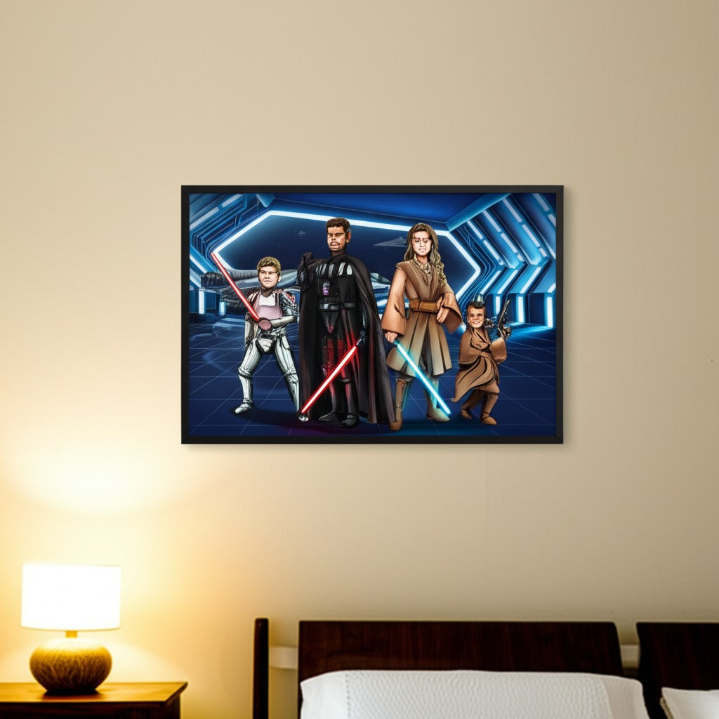 Custom Star Wars-style Jedi portrait in a black frame — hand-drawn illustration of a person holding a green lightsaber with a Death Star background