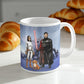 Custom Star Wars-style Jedi portrait printed on a white ceramic coffee mug — hand-drawn illustration showing a person in Jedi robes with a blue lightsaber