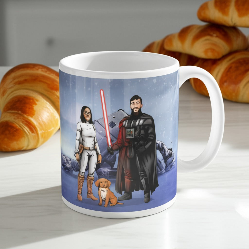 Custom Star Wars-style Jedi portrait printed on a white ceramic coffee mug — hand-drawn illustration showing a person in Jedi robes with a blue lightsaber