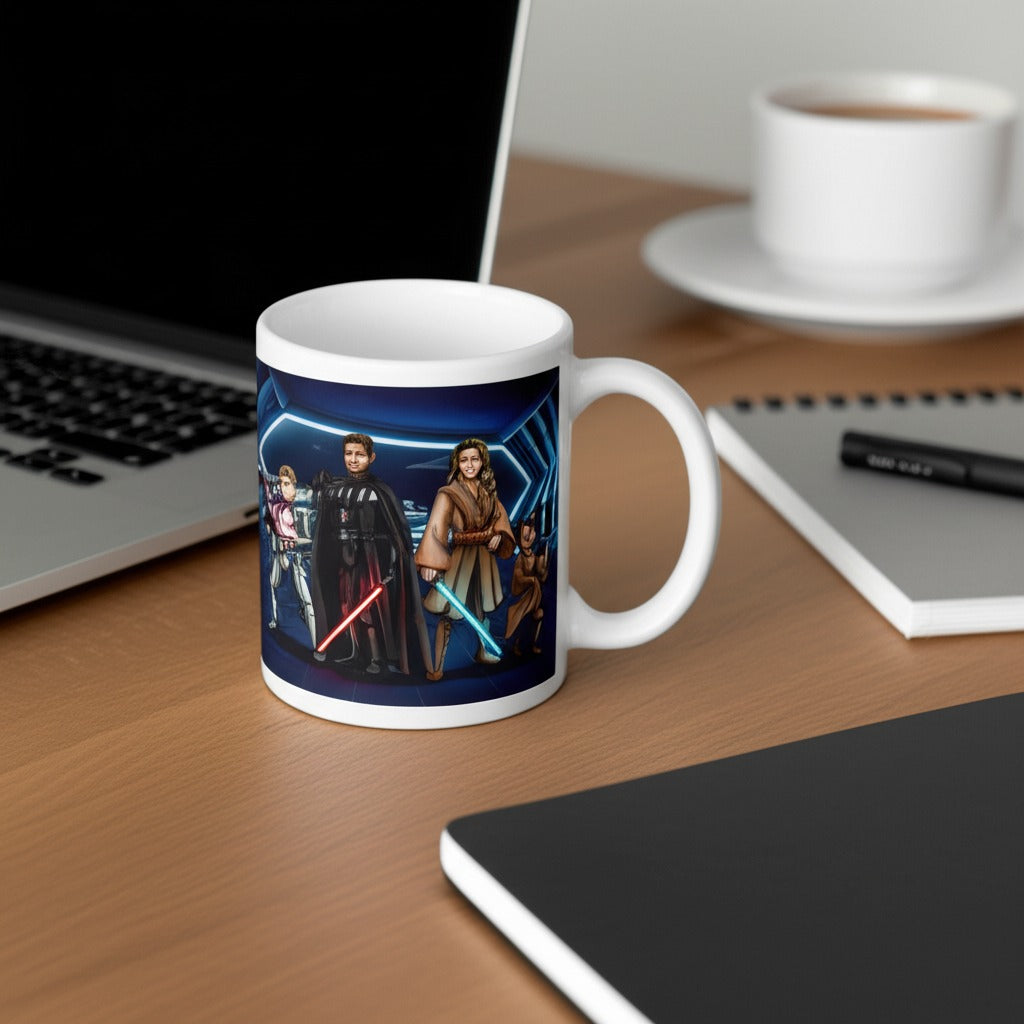 Custom Star Wars-style Jedi portrait printed on a white ceramic coffee mug — hand-drawn illustration showing a person in Jedi robes with a blue lightsaber