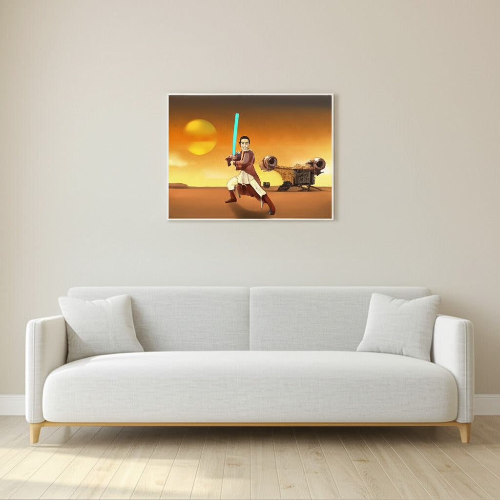 Custom Star Wars-style Sith portrait as an unframed poster print — hand-drawn illustration of a person in dark robes with a red lightsaber and space background